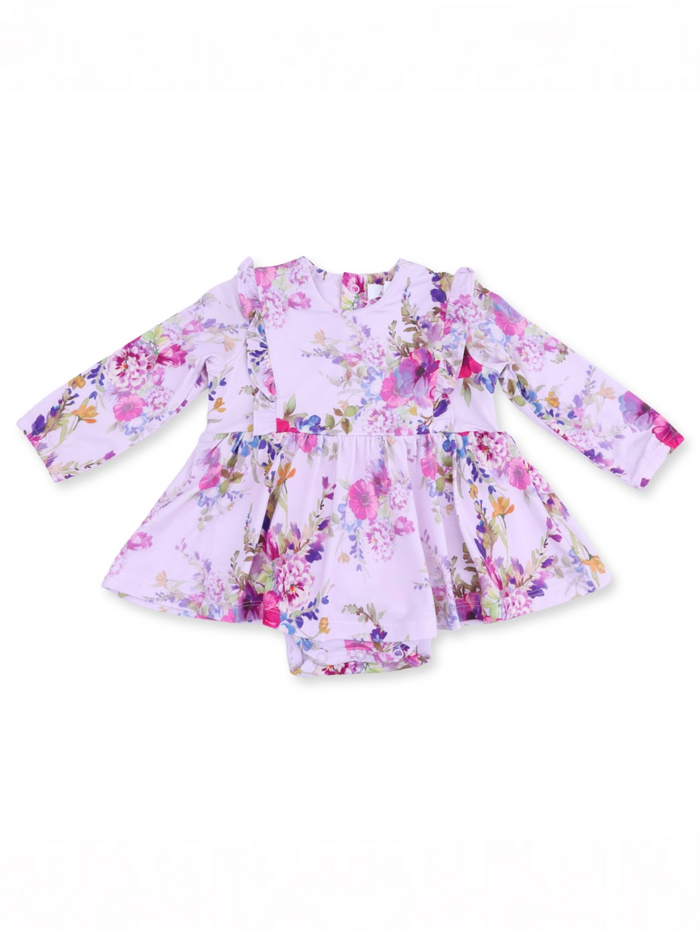 Floral dress for toddlers with long sleeves and a flared skirt in pastel purple colors.