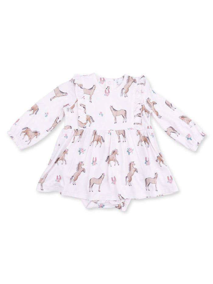 White dress with long sleeves featuring a whimsical horse print and floral accents for toddlers.