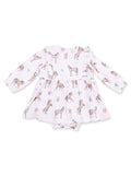 White dress with long sleeves featuring a whimsical horse print and floral accents for toddlers.