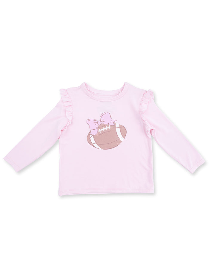Pink long-sleeve shirt with ruffles featuring a printed football and bow design on the front.