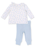 Light floral long-sleeve shirt with ruffle collar and soft blue pants, perfect for infants.