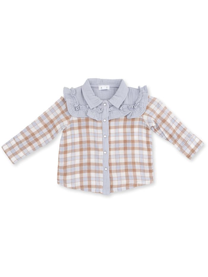 Plaid button-up shirt with a ruffled collar and long sleeves in shades of brown and light blue.