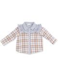 Plaid button-up shirt with a ruffled collar and long sleeves in shades of brown and light blue.