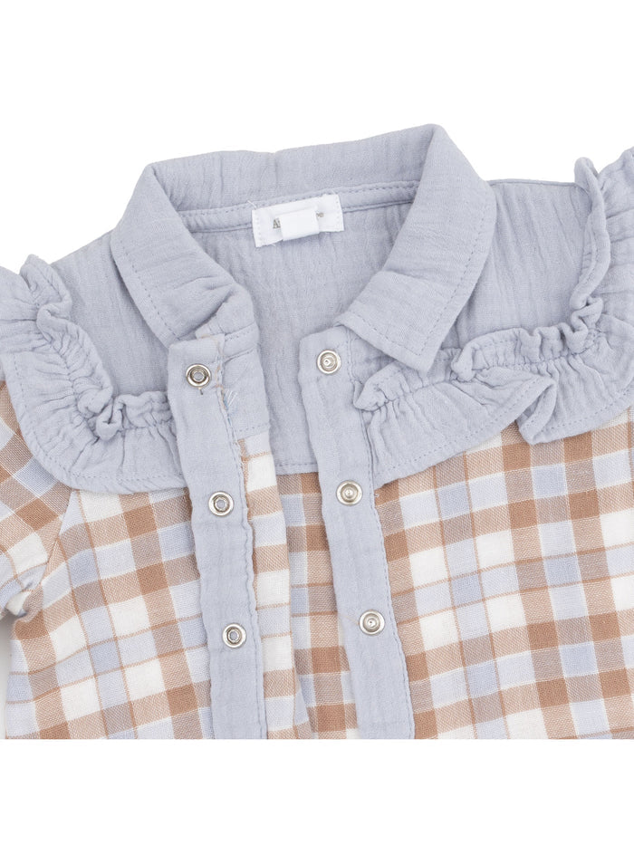 Light blue plaid shirt with ruffle collar and button-up front detail. Perfect for infants and toddlers.