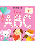 Colorful illustration of animals celebrating love with balloons, music, and the title "Love ABC" by Jannie Ho.