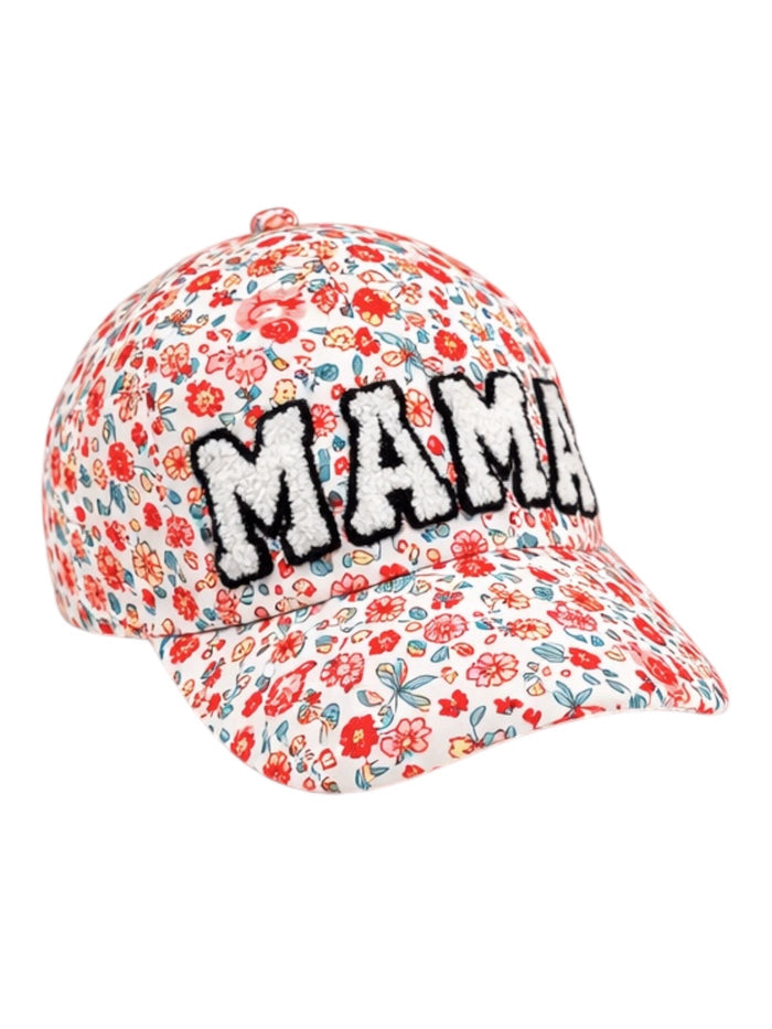 White floral cap with the word "MAMA" in bold, black letters on the front.
