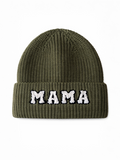 Olive green knit beanie with "MAMA" embroidered in white on the front.