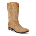 Tan cowboy boot with white embroidery on a white background