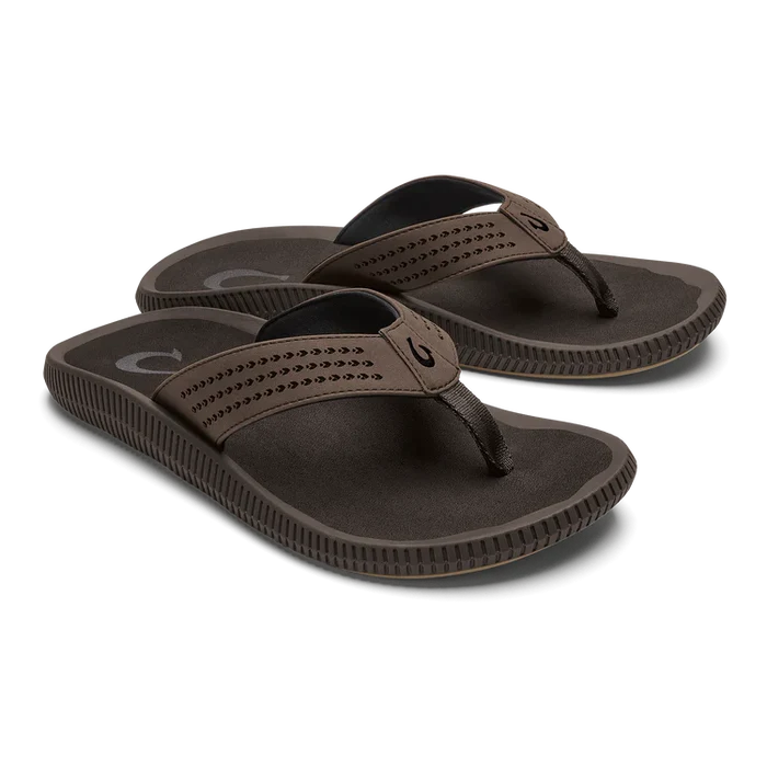 Brown sandals with a visible brand logo on a white background