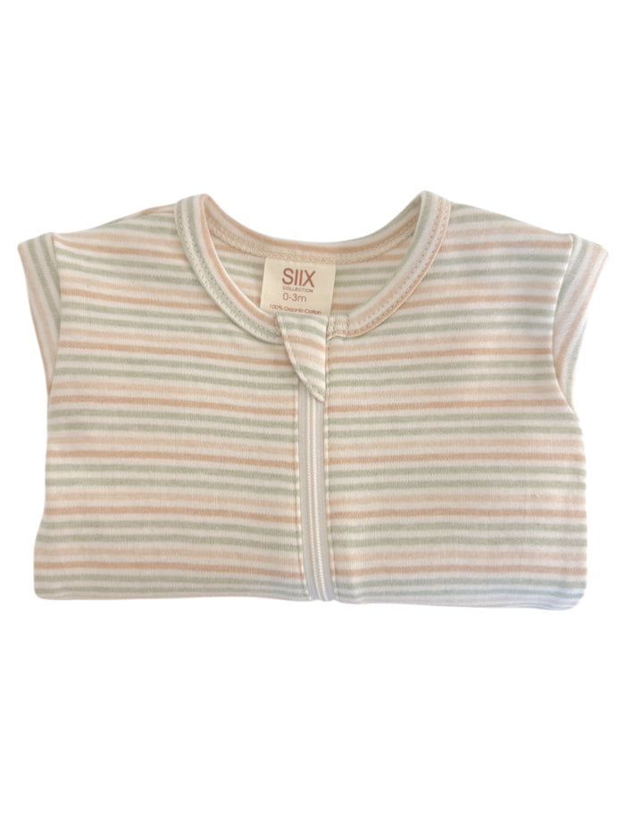 Lightly striped organic cotton baby onesie in soft pastel colors, suitable for newborns up to 3 months.