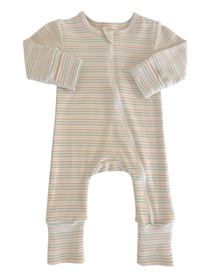 Striped baby onesie with long sleeves and a front zipper, designed for comfort and ease of dressing.