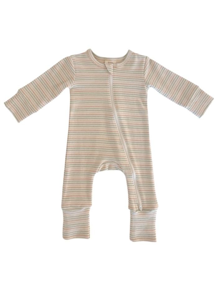 Striped baby onesie with long sleeves and a front zipper, ideal for comfort and ease of dressing.