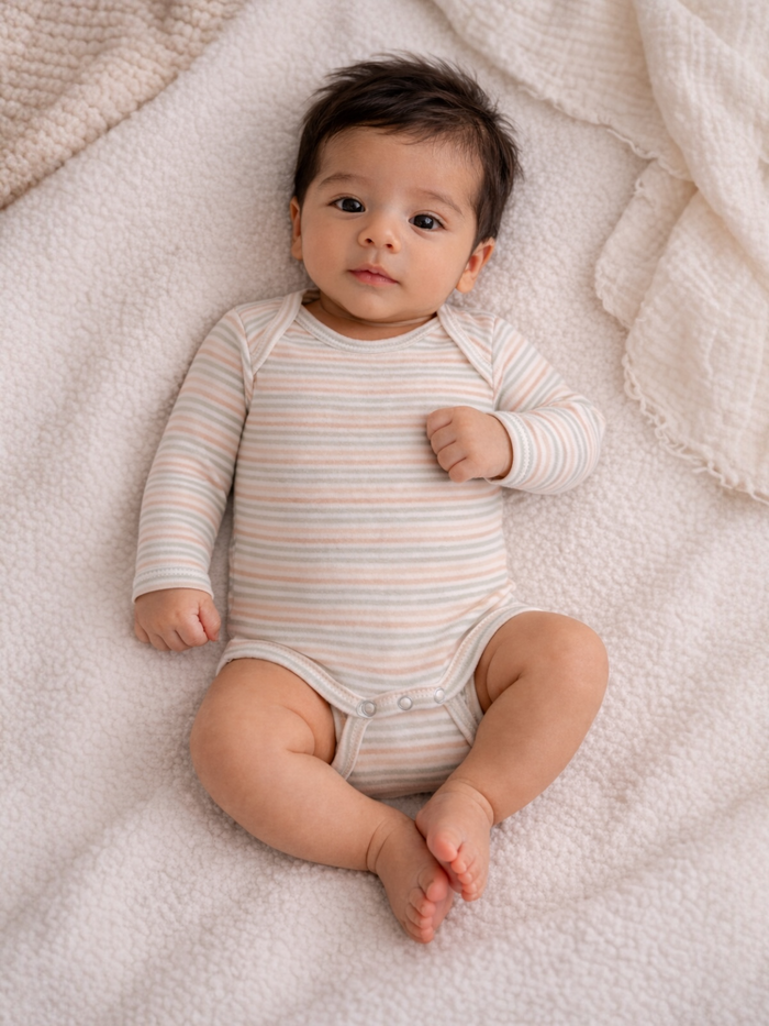 Baby in striped onesie lying on soft blanket, looking at the camera with curious expression.