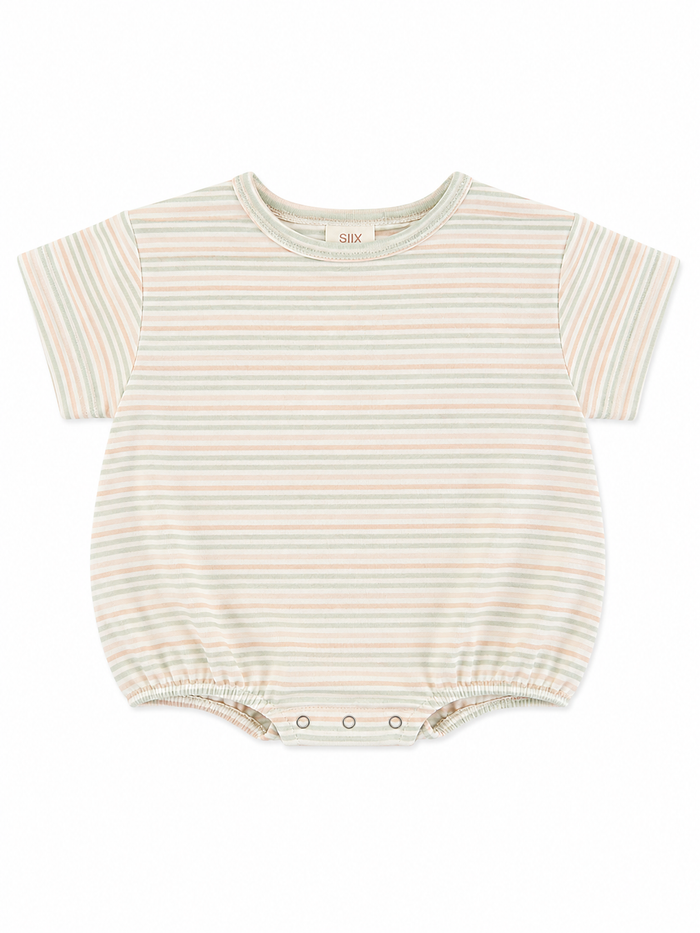 Lightly striped baby onesie in pastel colors with short sleeves and snap closures at the bottom.