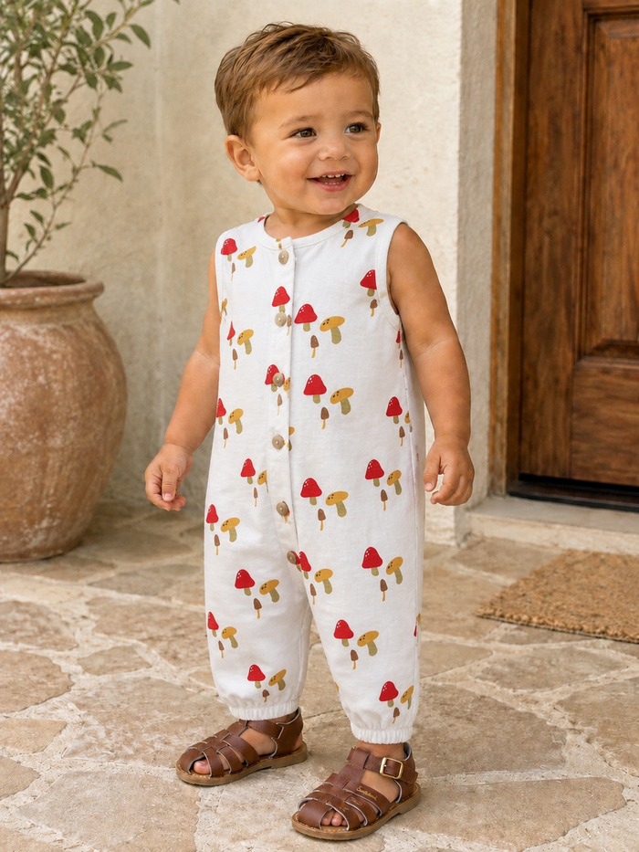 Smiling toddler in a mushroom-patterned outfit, standing on a stone floor near a decorative pot.