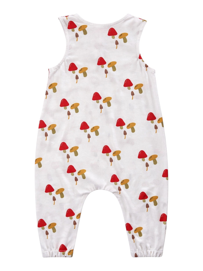White romper featuring a playful mushroom print in red, brown, and green hues. Ideal for casual wear.