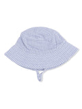 Light blue gingham bucket hat with a wide brim and chin strap. Ideal for sun protection and outdoor activities.