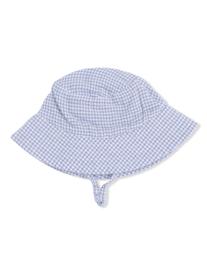 Light blue gingham bucket hat with a wide brim and chin strap. Ideal for sun protection and outdoor activities.