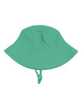 Green bucket hat with a textured fabric and adjustable chin strap, ideal for sun protection.