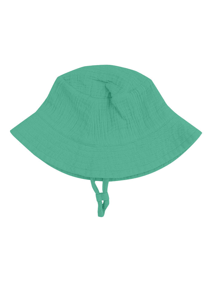 Green bucket hat with a textured fabric and adjustable chin strap, ideal for sun protection.