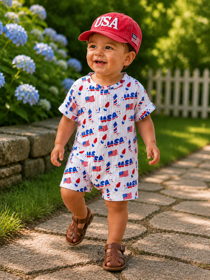Smiling child in a USA-themed outfit walks along a path with blue hydrangeas in the background.