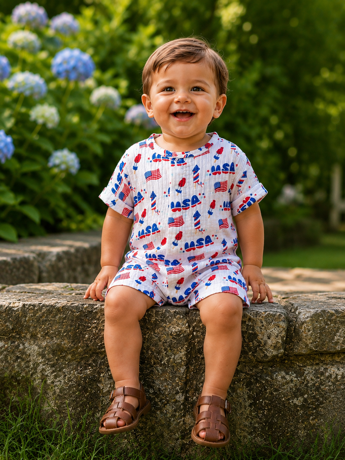 Smiling toddler in a NASA-themed outfit sitting on a stone wall with blooming hydrangeas in the background.