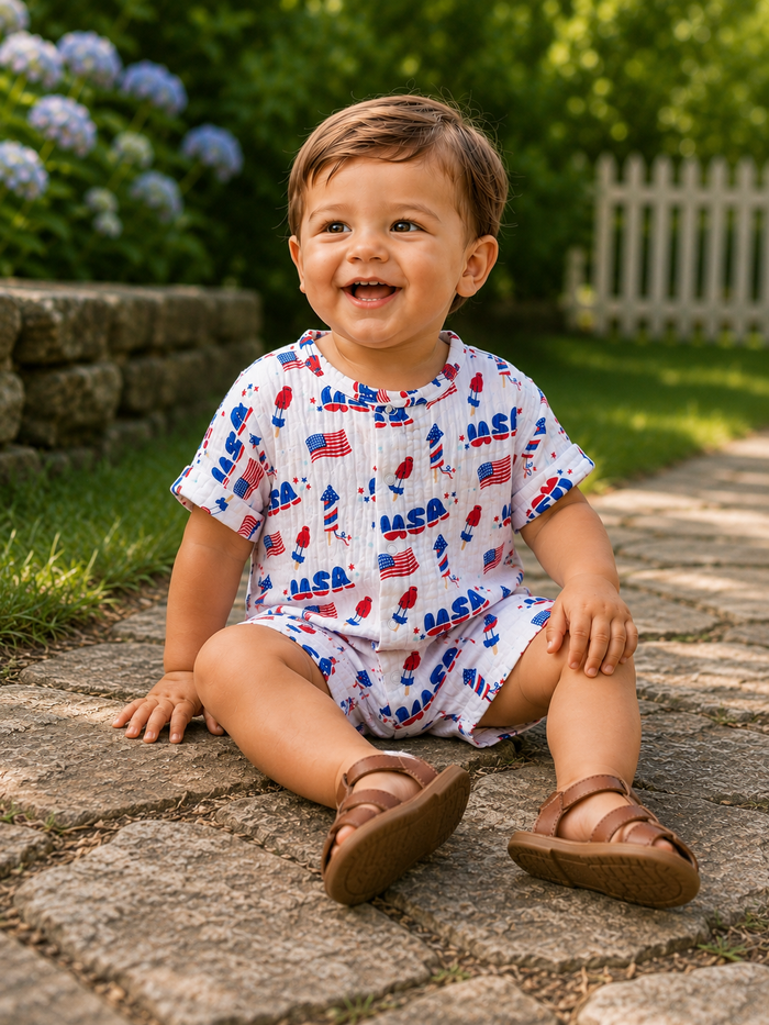 Smiling toddler in colorful outfit sits on a stone pathway with greenery and flowers in the background.