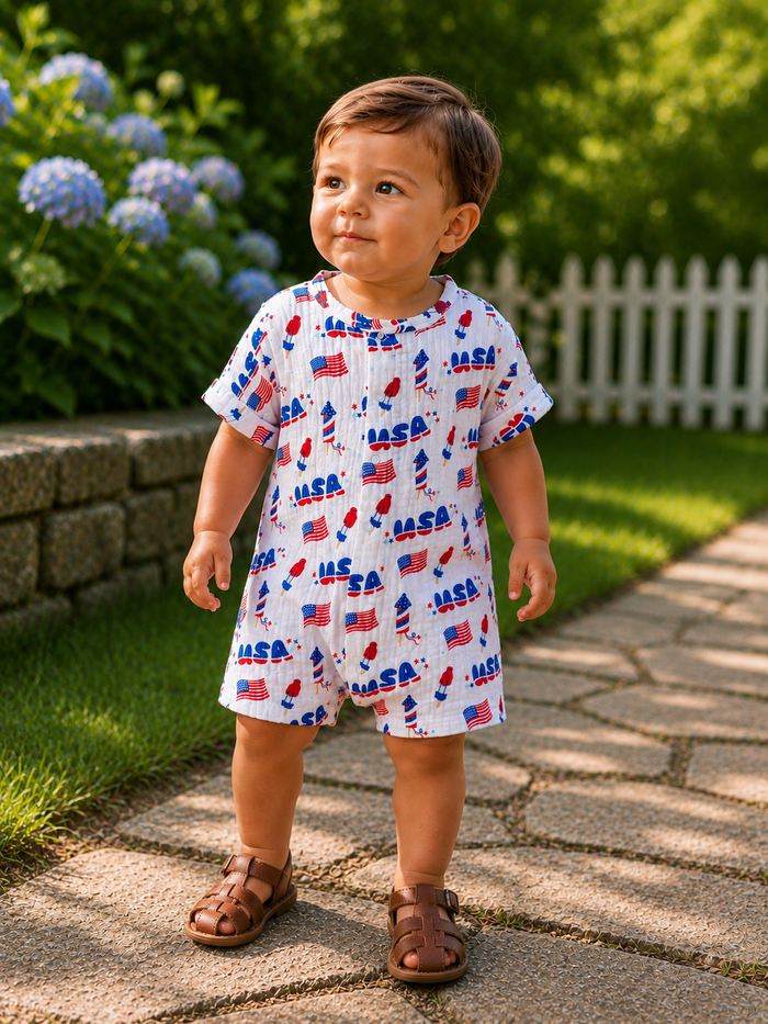 Smiling toddler in a NASA-themed outfit stands on a pathway with greenery and flowers in the background.