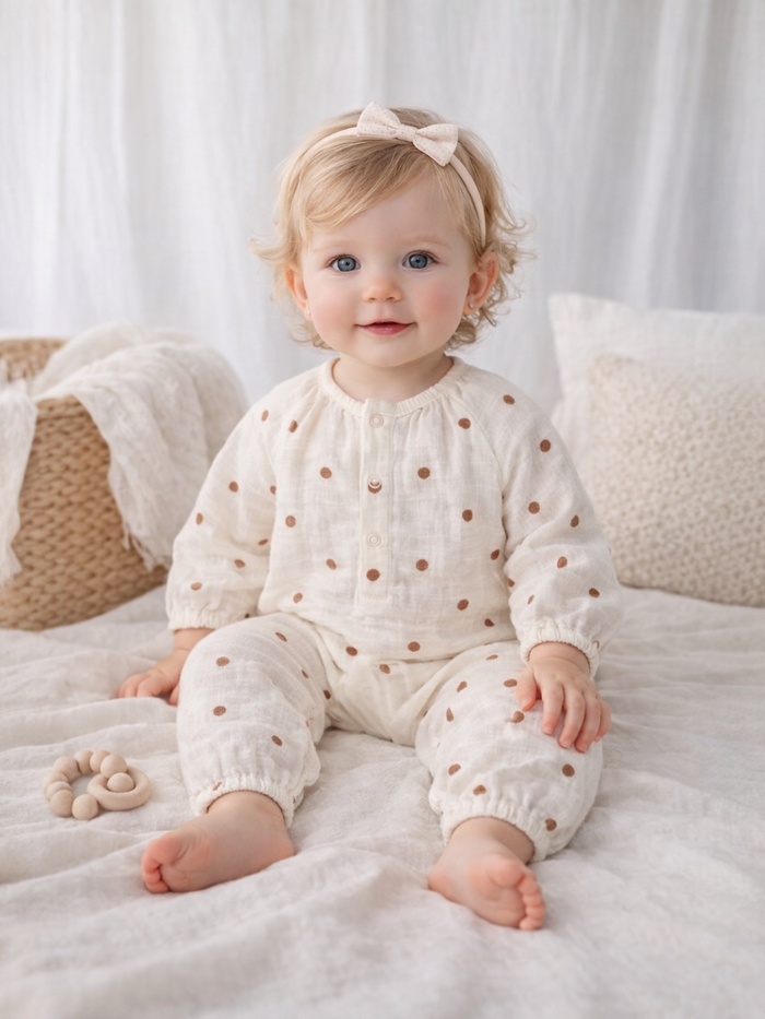Smiling baby in a dotted cream outfit sits on a soft blanket with a rattan basket and toy nearby.