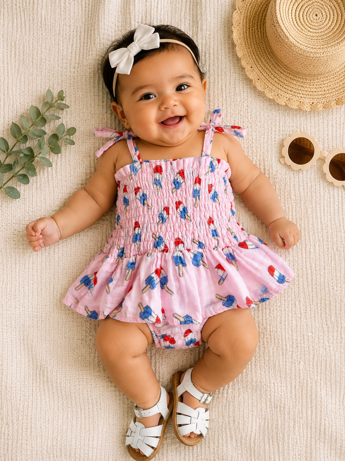 Smiling baby in a pink dress with ice cream print, wearing a bow and sandals, surrounded by a hat and sunglasses.
