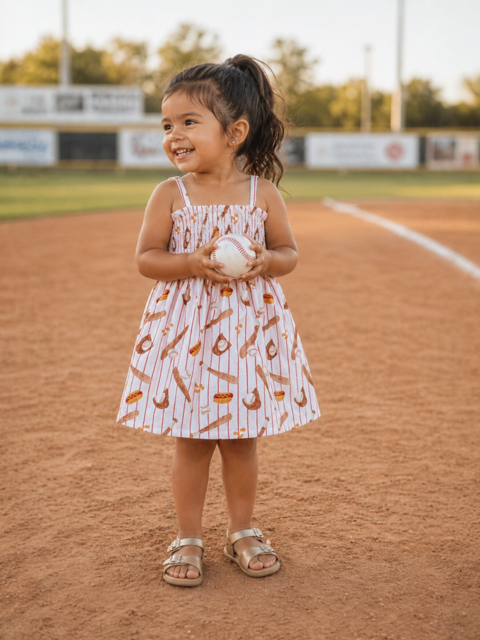 Smiling child in a patterned dress holds a baseball on a dirt baseball field during sunset.