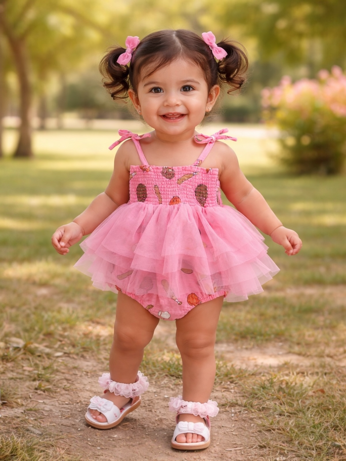 Smiling toddler in a pink dress with tulle, standing on grass, wearing white sandals and hair bows.