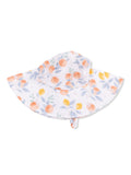 White hat with a floral pattern in orange, yellow, and green leaves.