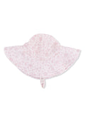 Pink floral sun hat with wide brim and chin strap, designed for sun protection.