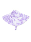 Floral purple sun hat with a wide brim and chin strap, perfect for sun protection.