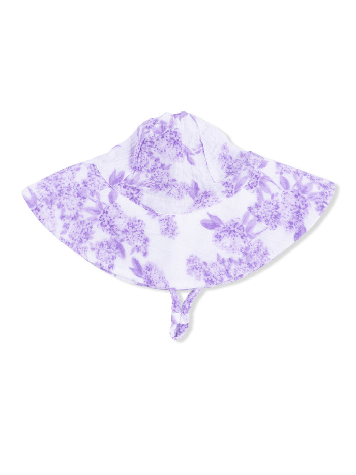 Floral purple sun hat with a wide brim and chin strap, perfect for sun protection.