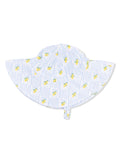Blue and white striped sun hat with lemon print, featuring a wide brim and tie for secure fit.