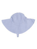 Light blue gingham wide-brimmed sun hat with a chin strap, shown from above.