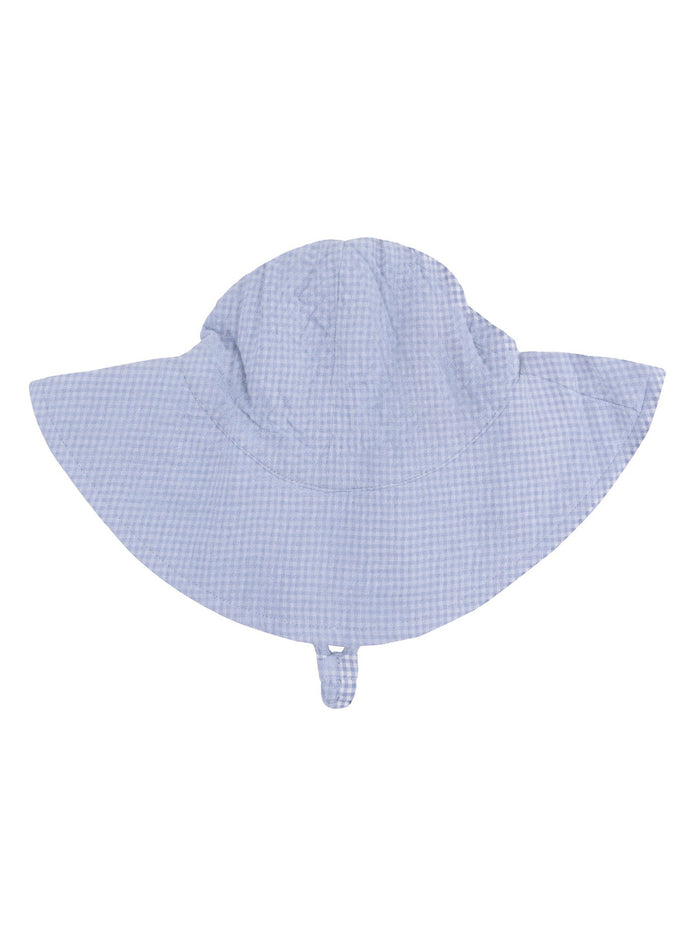 Light blue gingham wide-brimmed sun hat with a chin strap, shown from above.