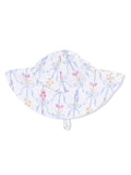 White sun hat with floral pattern and blue ribbons, designed for sun protection and stylish outdoor wear.
