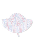 White sun hat with pink and blue floral stripes, featuring a wide brim and a adjustable chin strap.