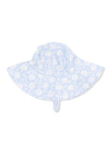 Light blue sun hat adorned with white daisies, designed for sun protection with a wide brim and chin strap.