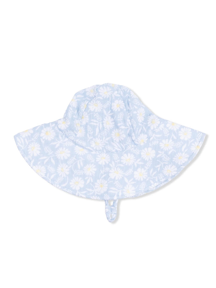 Light blue sun hat adorned with white daisies, designed for sun protection with a wide brim and chin strap.