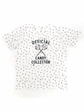 White t-shirt with gray polka dots and the text "Official Candy Collector" featuring lollipops.