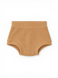 Tan ribbed toddler underwear flat lay on a white background.