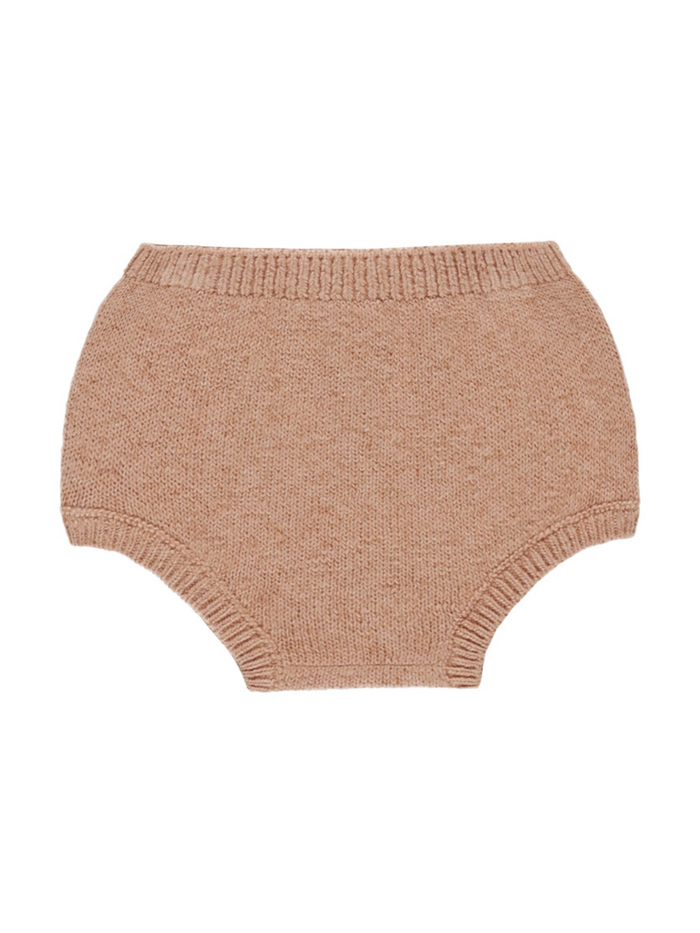 Knit baby bloomers in soft beige with a ribbed waistband and leg openings.
