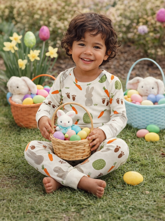 Smiling child in patterned pajamas holds a basket of colorful eggs and a toy bunny, surrounded by spring flowers.