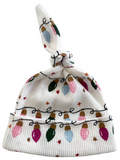 White baby hat with colorful Christmas lights design and a knot at the top.