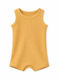 Mustard yellow baby romper with ribbed texture and snap closures at the bottom. Ideal for warm weather wear.
