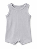 Light gray ribbed tank romper for infants with snap closures at the bottom.
